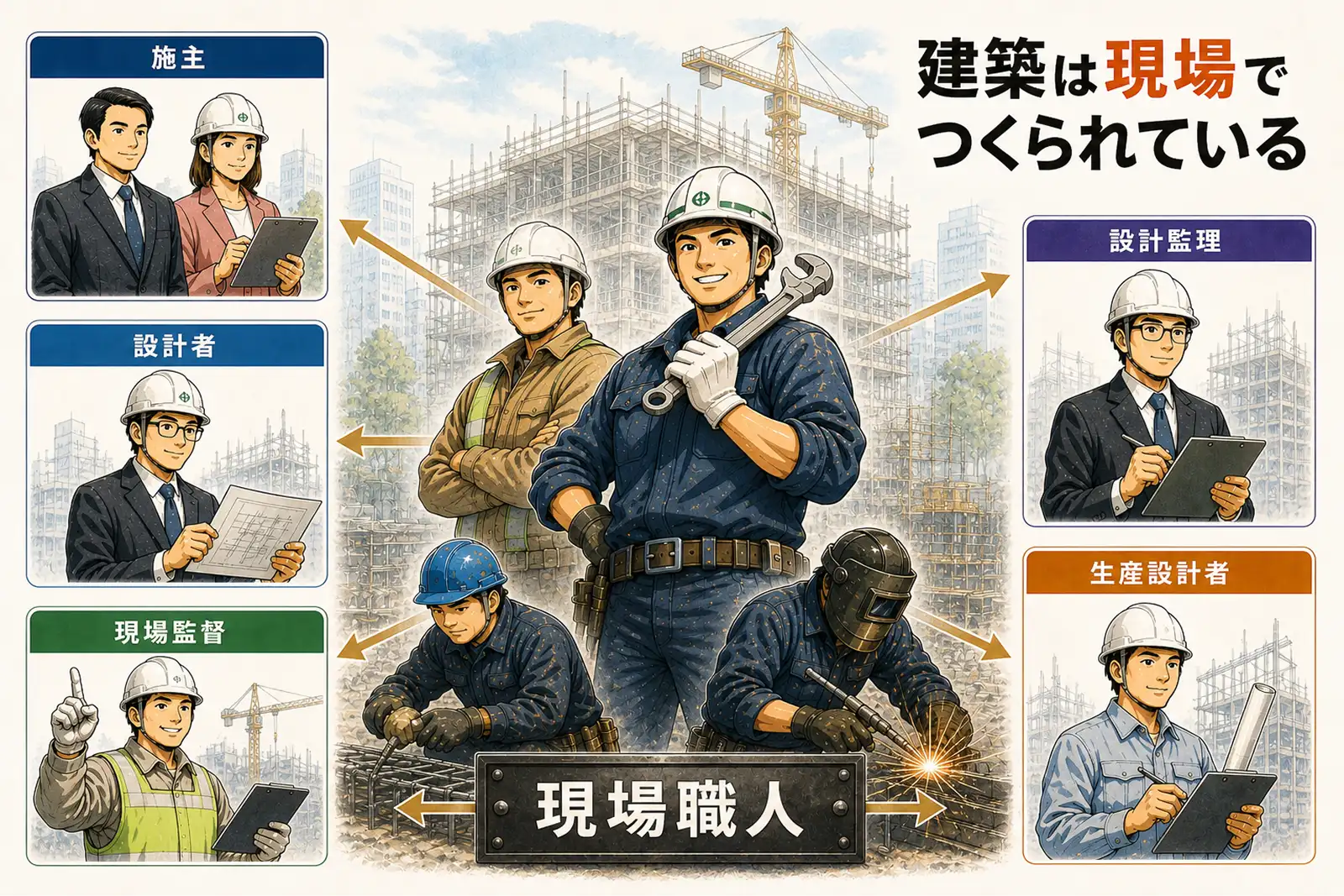 建設業の会社が契約に応じて柔軟に立ち位置を変更できることを示すインフォグラフィック。現場AではサブコンだったA社が、現場Bでは1次業者になる例などが示されています。