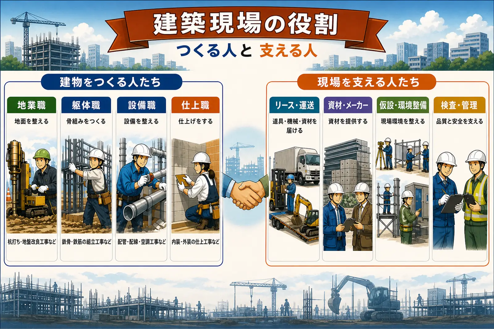 建築現場の役割を示した図。建物をつくる人たちと現場を支える人たちの区分
